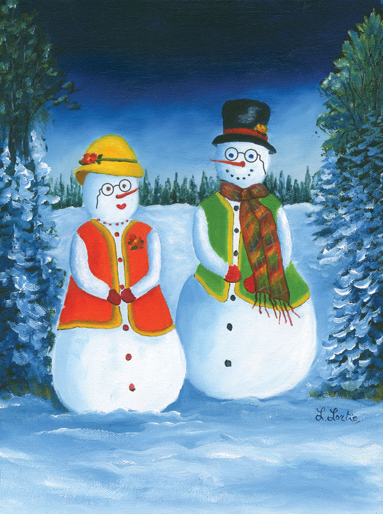 Bonhommes de neige habillés en Monsieur et Madame Hiver